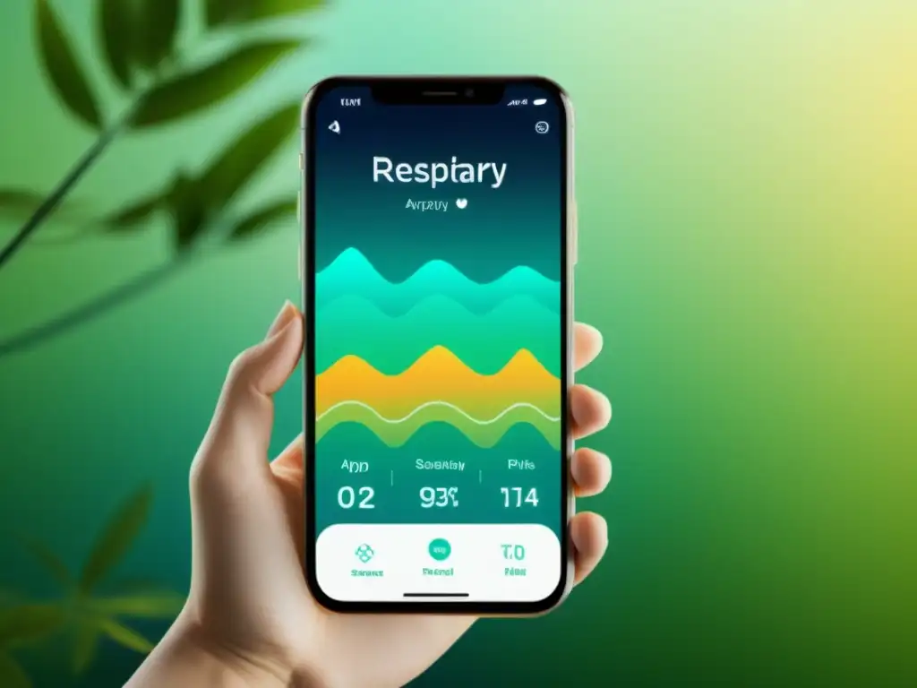 App biofeedback respiratorio para ansiedad: pantalla de smartphone moderna con visualizaciones calmantes y naturales para control de pánico y ansiedad