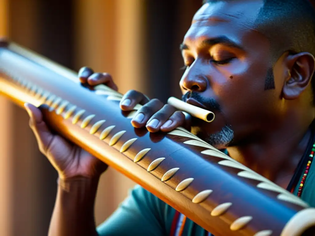 Vibraciones y Tradición: Maestría del Didgeridoo Un artista toca el didgeridoo, mostrando concentración y tranquilidad
