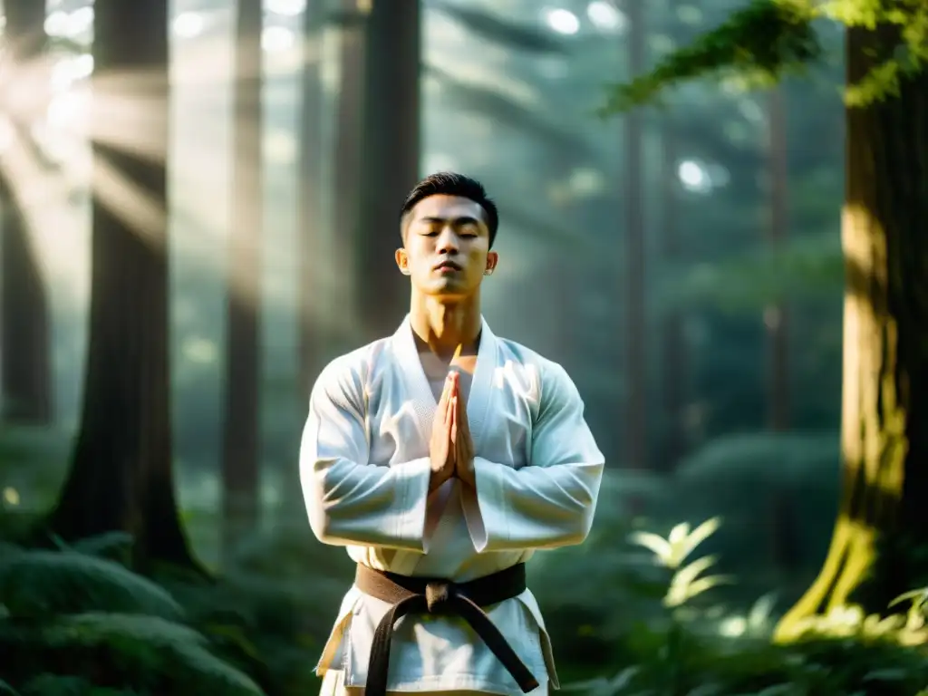 Un artista marcial en gi blanco en un bosque neblinoso, en postura meditativa, reflejando calma y fortaleza