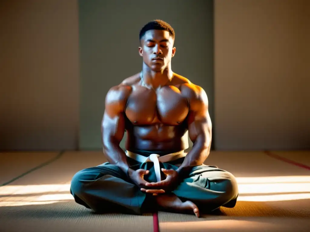 Un artista marcial en meditación post combate, irradiando calma y fuerza en una luz suave