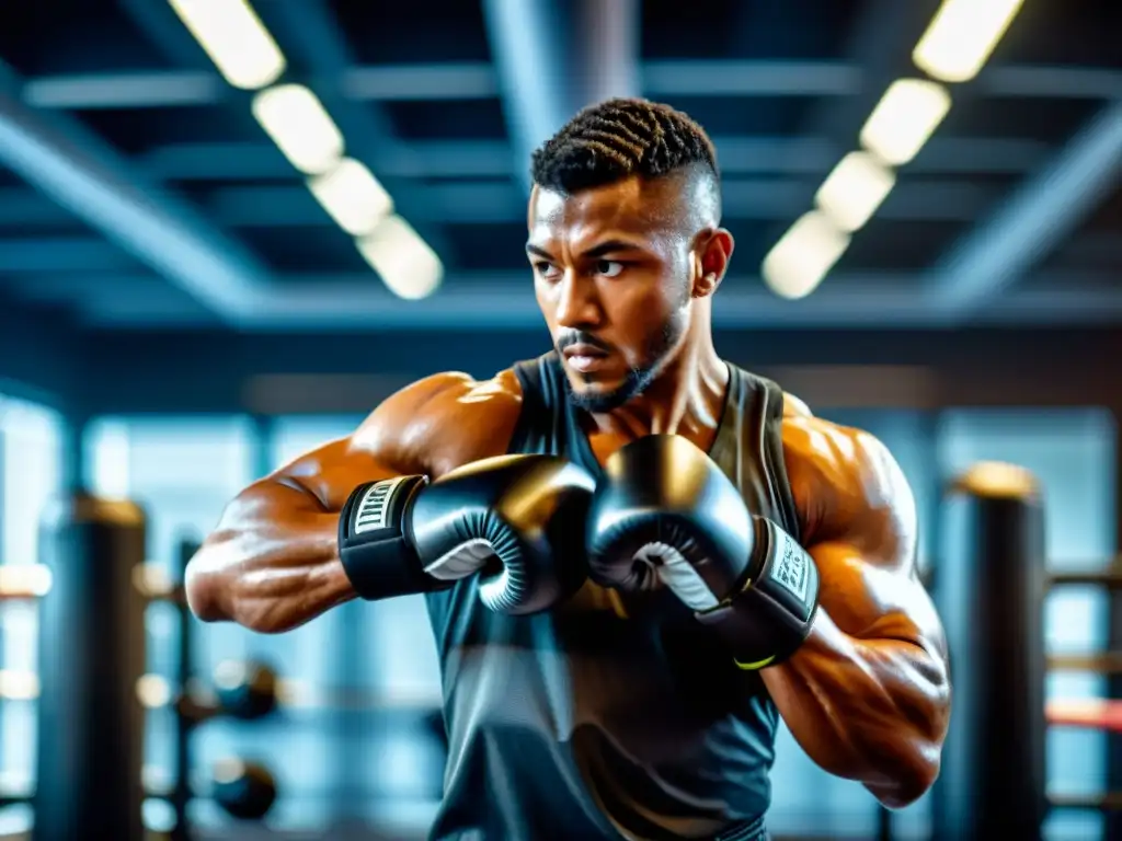 Un artista marcial en un gimnasio moderno ejecutando un potente golpe, con entrenamiento respiratorio para deportes de contacto