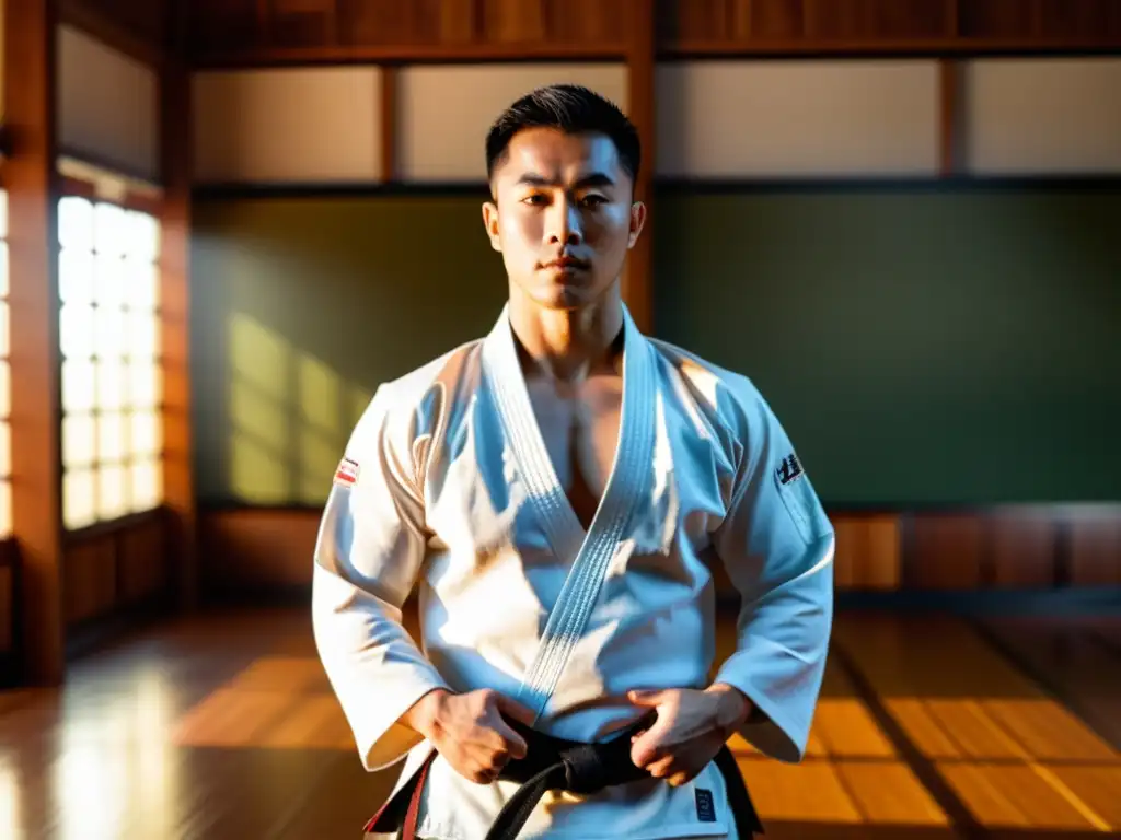 Un artista marcial en gi tradicional practica la importancia de la respiración en un dojo iluminado por el sol, mostrando serenidad y concentración