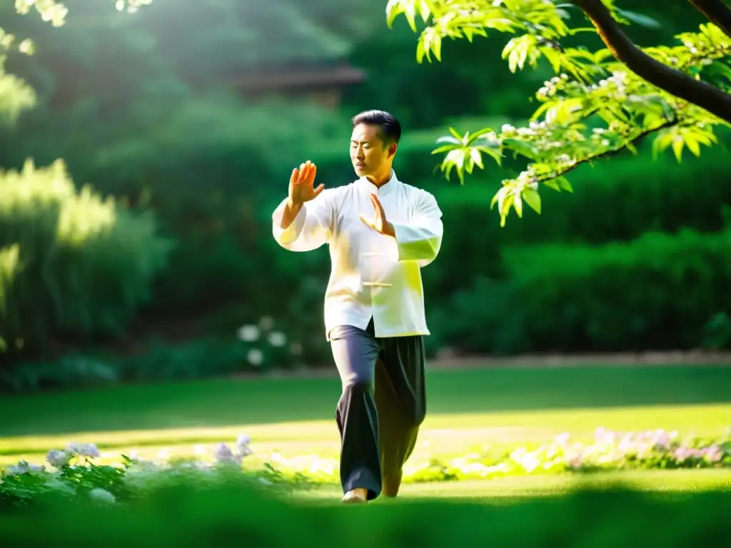 Un artista marcial practica Tai Chi en un jardín exuberante, rodeado de árboles altos y flores