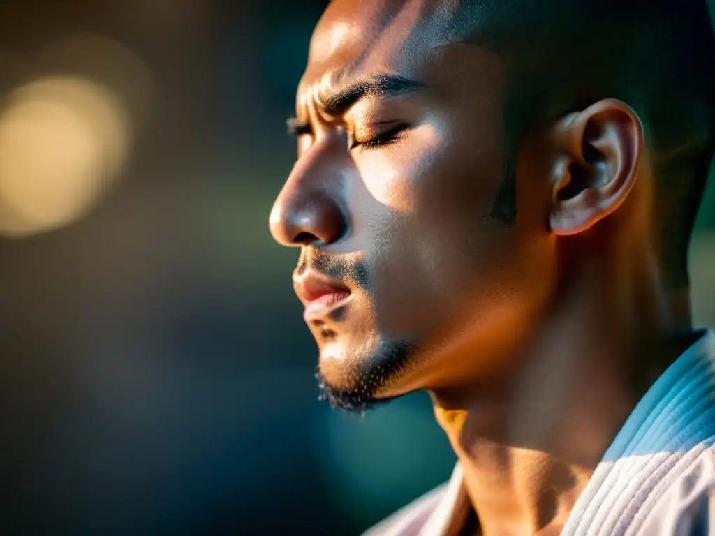 Un artista marcial en meditación, con los ojos cerrados y una expresión serena, resaltando la importancia de la respiración en artes marciales