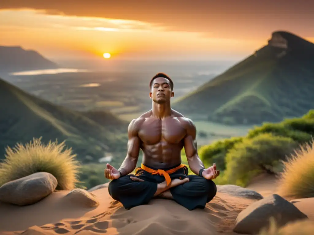 Un artista marcial en pose meditativa, respirando profundamente en un paisaje natural sereno con un vibrante atardecer