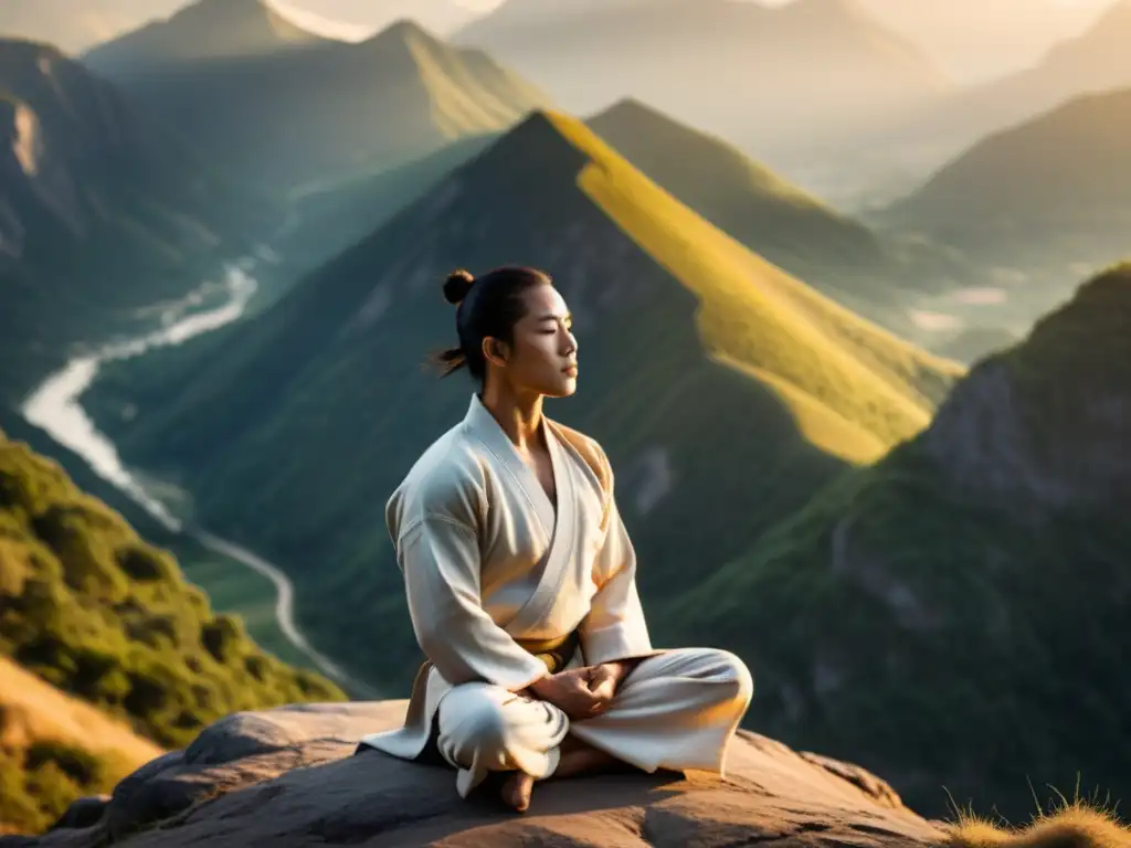 Un artista marcial en postura meditativa, rodeado de luz etérea, frente a un paisaje montañoso neblinoso