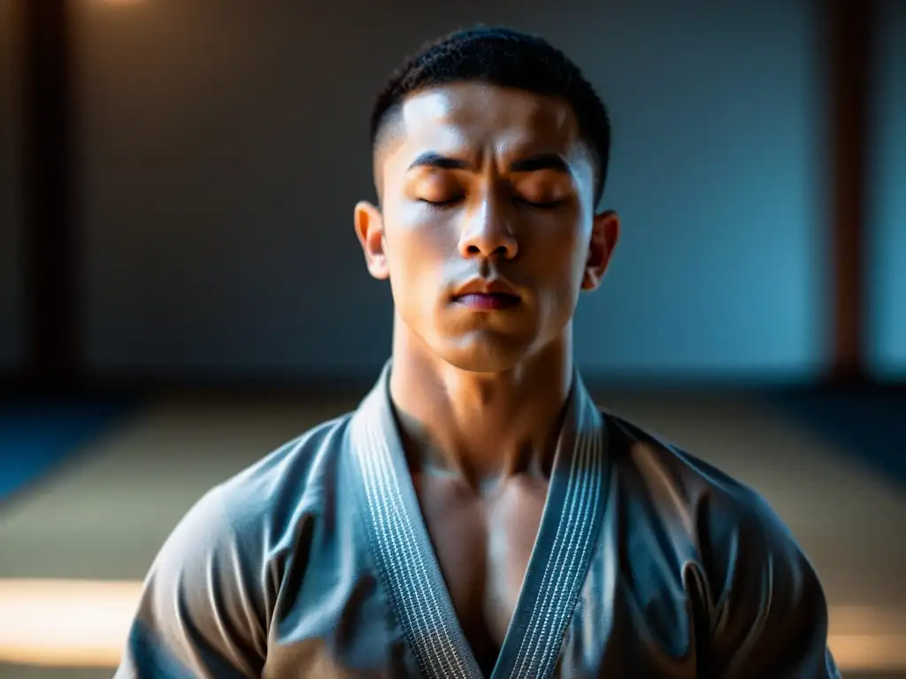 Un artista marcial en postura meditativa, practicando técnicas de respiración consciente en un entorno sereno y elegante en un moderno dojo