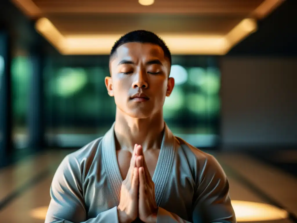 Un artista marcial en meditación, rodeado de luz cálida, reflejando concentración y mejora del rendimiento con respiración