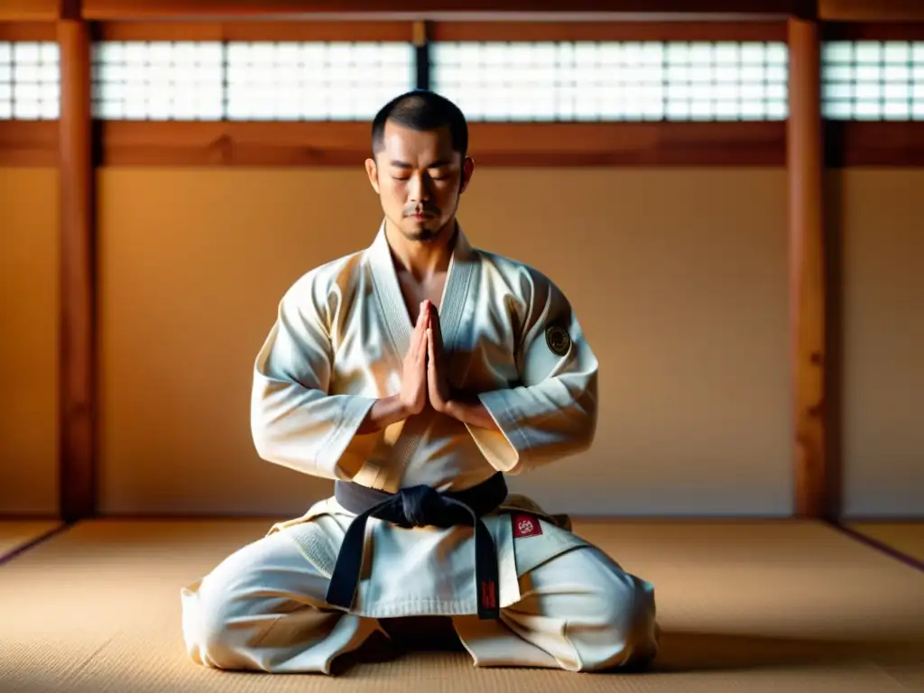 Un artista marcial sereno practica control de la respiración en un dojo tradicional, rodeado de una suave luz dorada