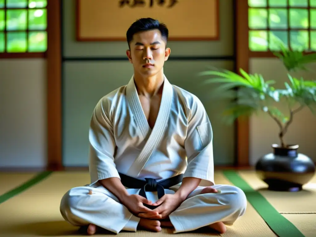 Un artista marcial practica técnicas de respiración post combate en un dojo sereno, rodeado de vegetación