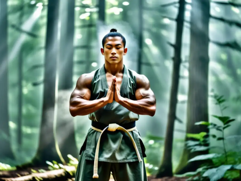 Un artista marcial practica técnicas de respiración consciente en un bosque sereno y brumoso, con postura poderosa y mente enfocada