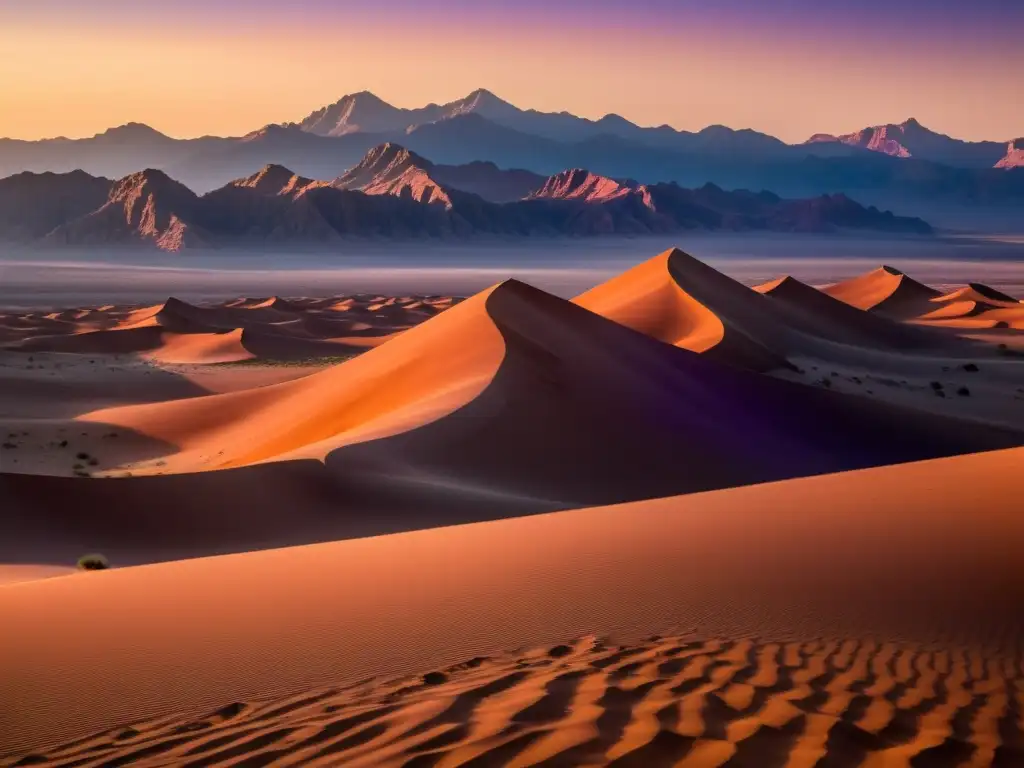 Un atardecer en el desierto: tonos anaranjados y morados tiñen el cielo a medida que el sol se oculta en el horizonte