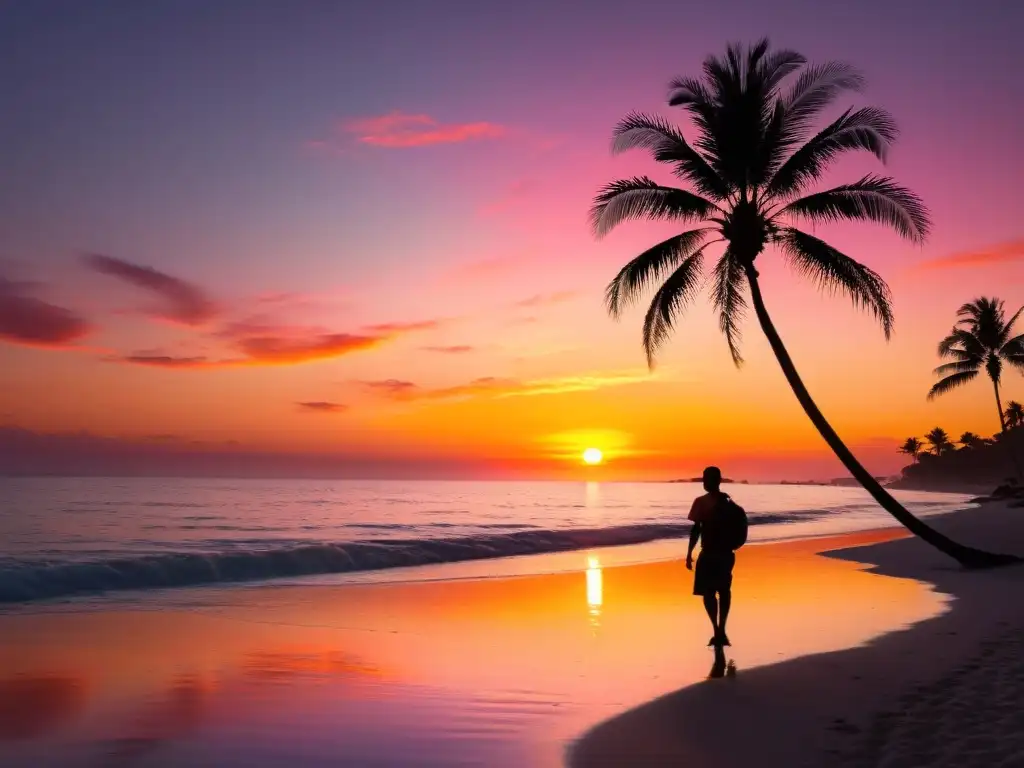 Un atardecer impresionante en una playa prístina, con tonos naranjas y rosados vibrantes reflejándose en el agua cristalina