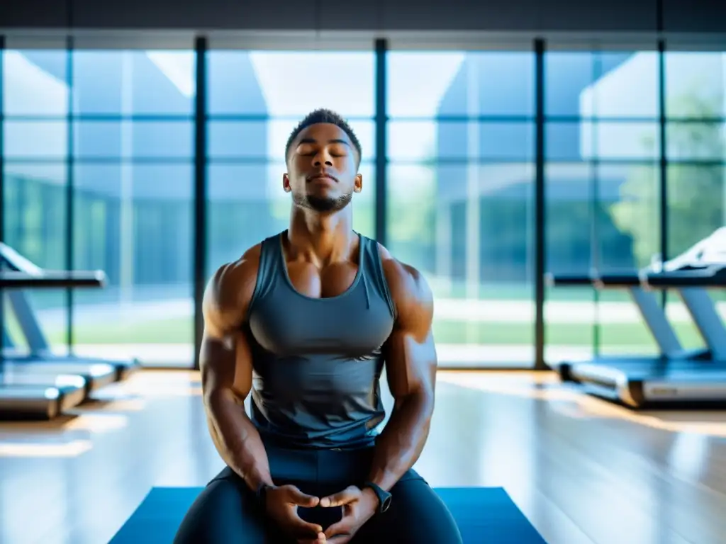 Un atleta de alto rendimiento practica respiración consciente en un entorno minimalista, transmitiendo calma y concentración