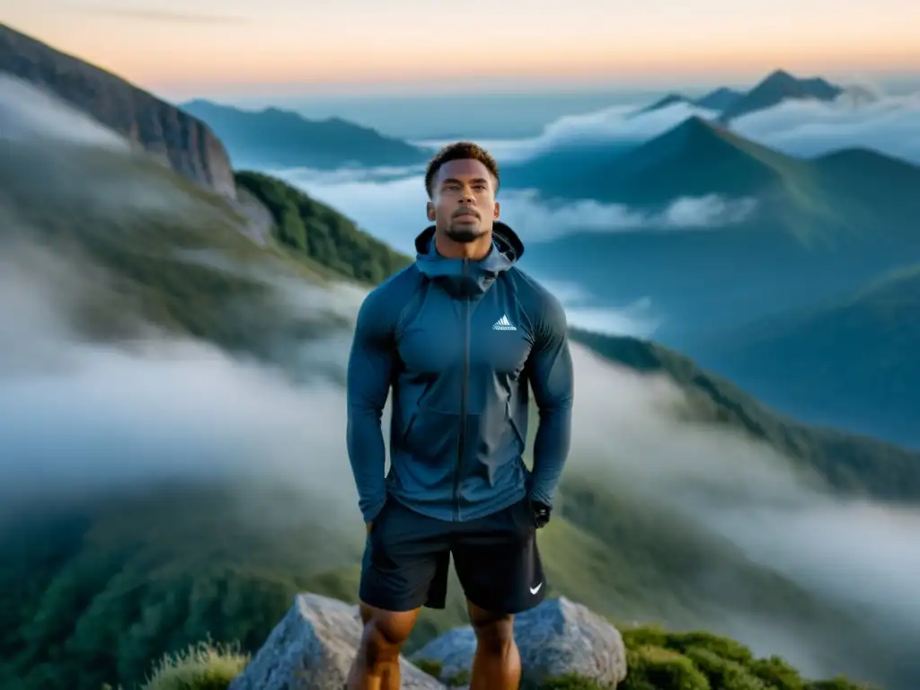 Un atleta en la cima de la montaña practica respiración consciente para mejorar rendimiento deportivo, rodeado de niebla y con expresión enfocada