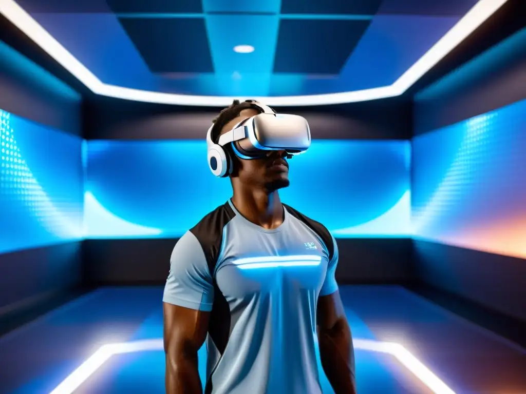 Un atleta concentrado usa un casco de realidad virtual futurista en un entorno de entrenamiento avanzado con hologramas del sistema respiratorio