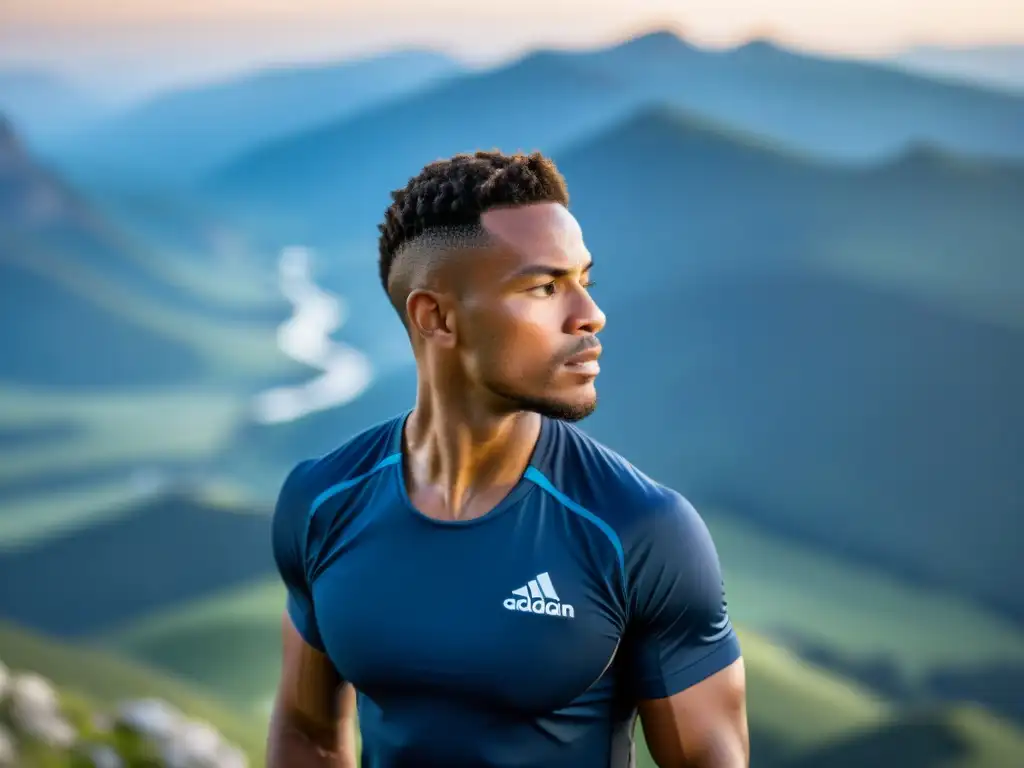 Un atleta concentrado practica respiración consciente en la cima de una montaña, demostrando cómo la técnica mejora el rendimiento pulmonar