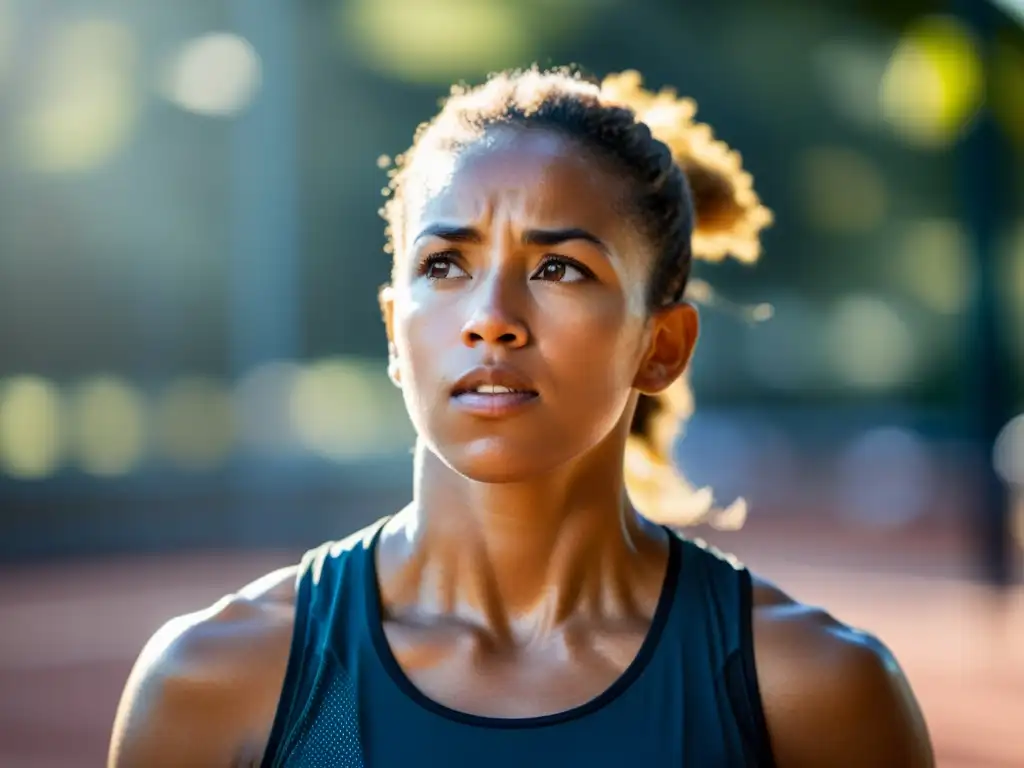 Un atleta concentrado practica respiración consciente para mejorar rendimiento deportivo en un entorno sereno al aire libre, con determinación y fuerza