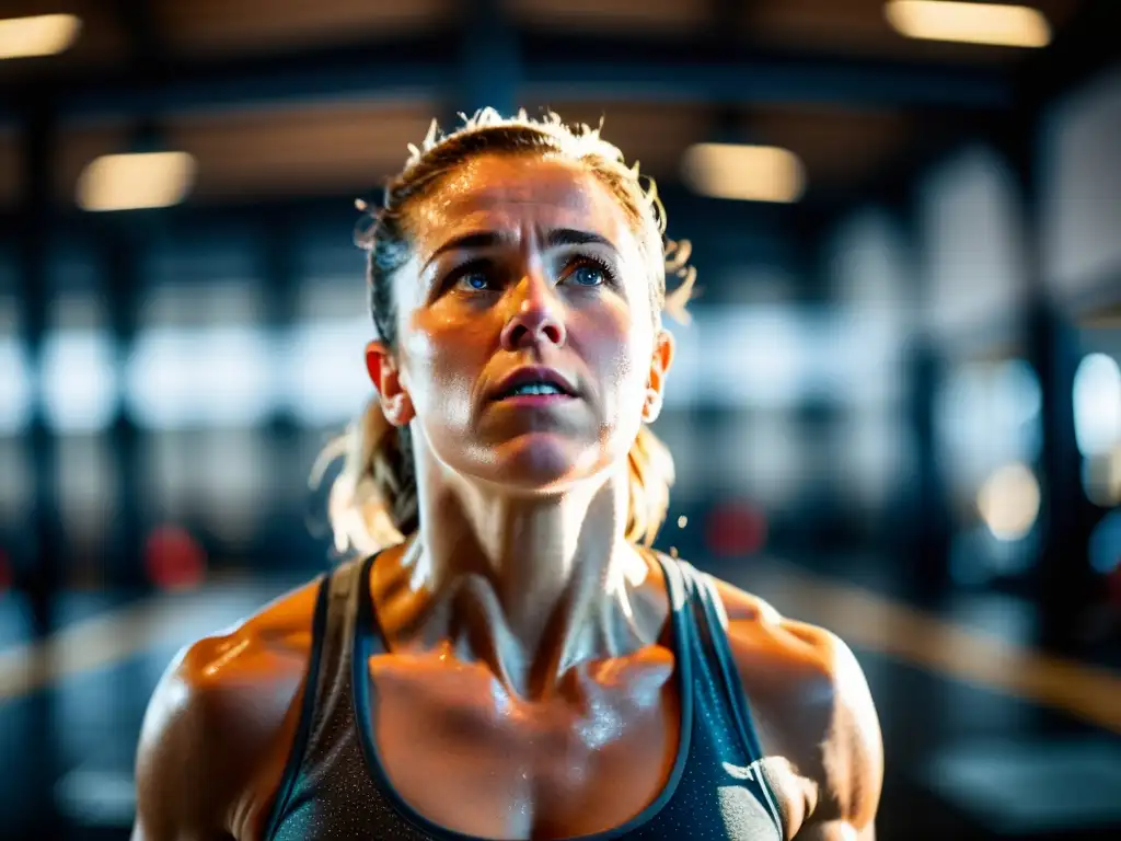 Un atleta concentrado en un gimnasio de CrossFit, muestra la técnica de recuperación respiratoria en un ambiente dinámico y enérgico