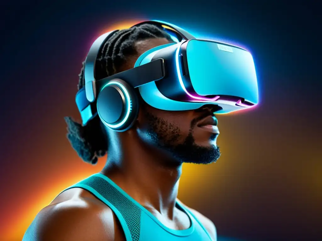 Un atleta concentrado usa un headset de realidad virtual para entrenamiento respiratorio deportivo, inmerso en escenarios virtuales envolventes