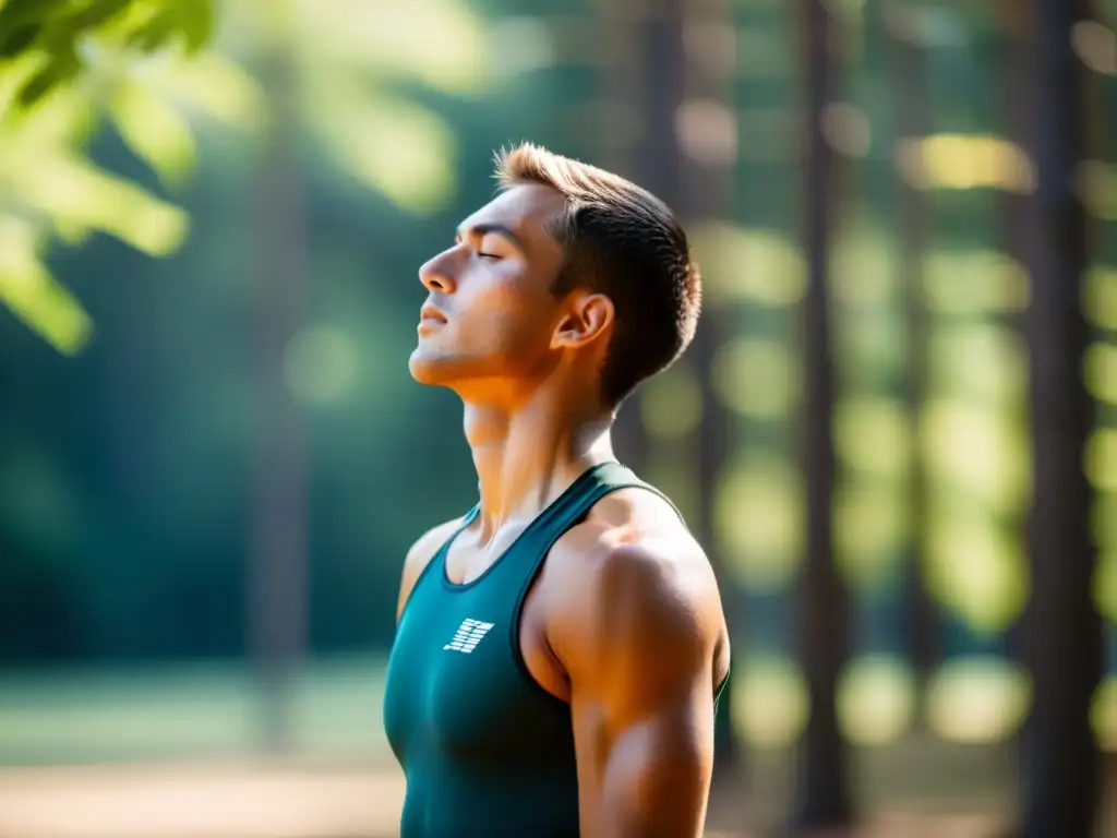 Un atleta concentrado con los ojos cerrados, respirando profundamente en medio de la naturaleza serena