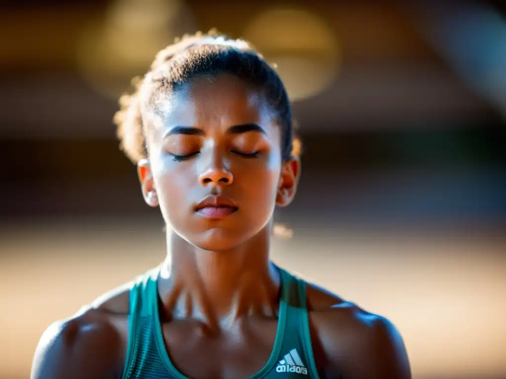 Un atleta concentrado practica técnicas respiratorias antes de competir, con una expresión serena