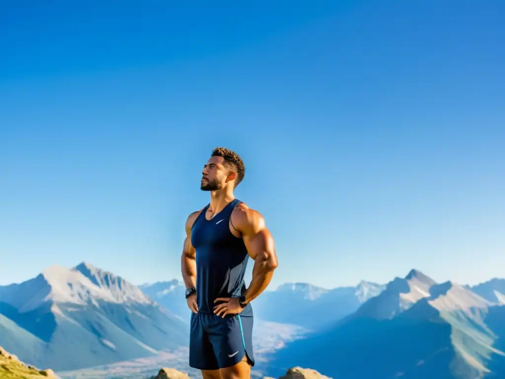 Un atleta practica respiración consciente en la cima de una montaña, potenciando su rendimiento deportivo con determinación y fuerza