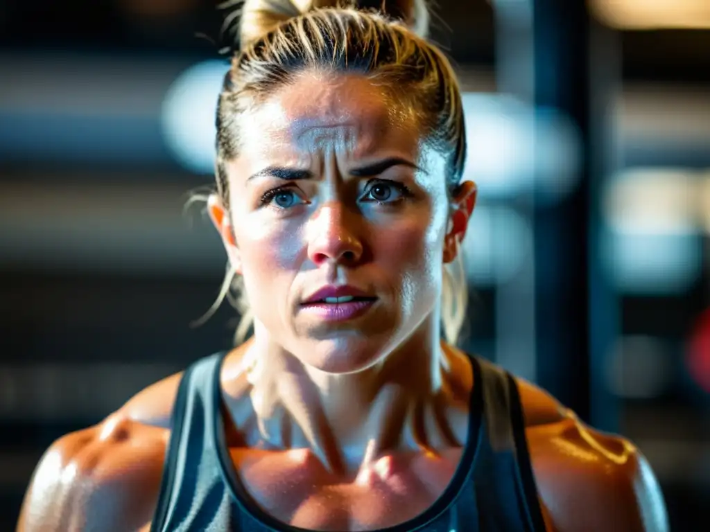 Un atleta de crossfit se enfoca en su entrenamiento, con músculos definidos y determinación palpable, mejorando rendimiento con técnicas respiratorias