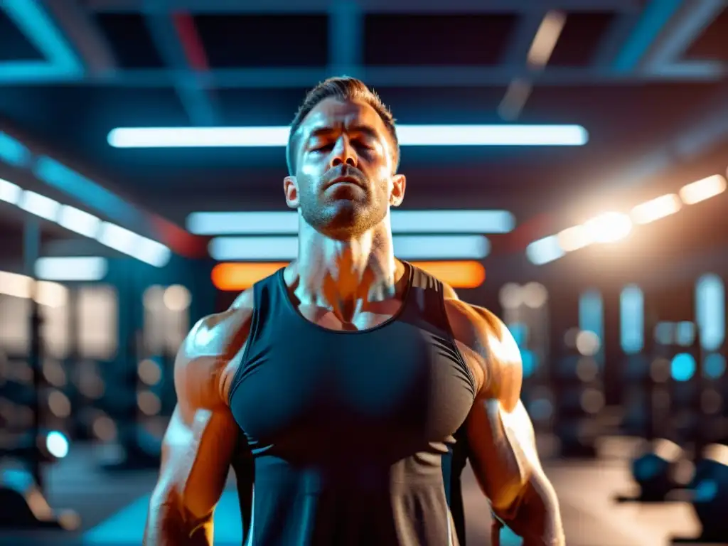 Un atleta de CrossFit en un gimnasio moderno practicando la técnica de recuperación respiratoria