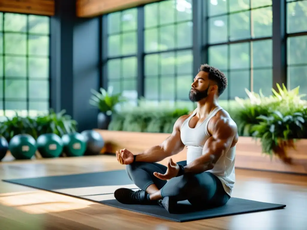 Un atleta de CrossFit en meditación, rodeado de naturaleza en un gimnasio contemporáneo