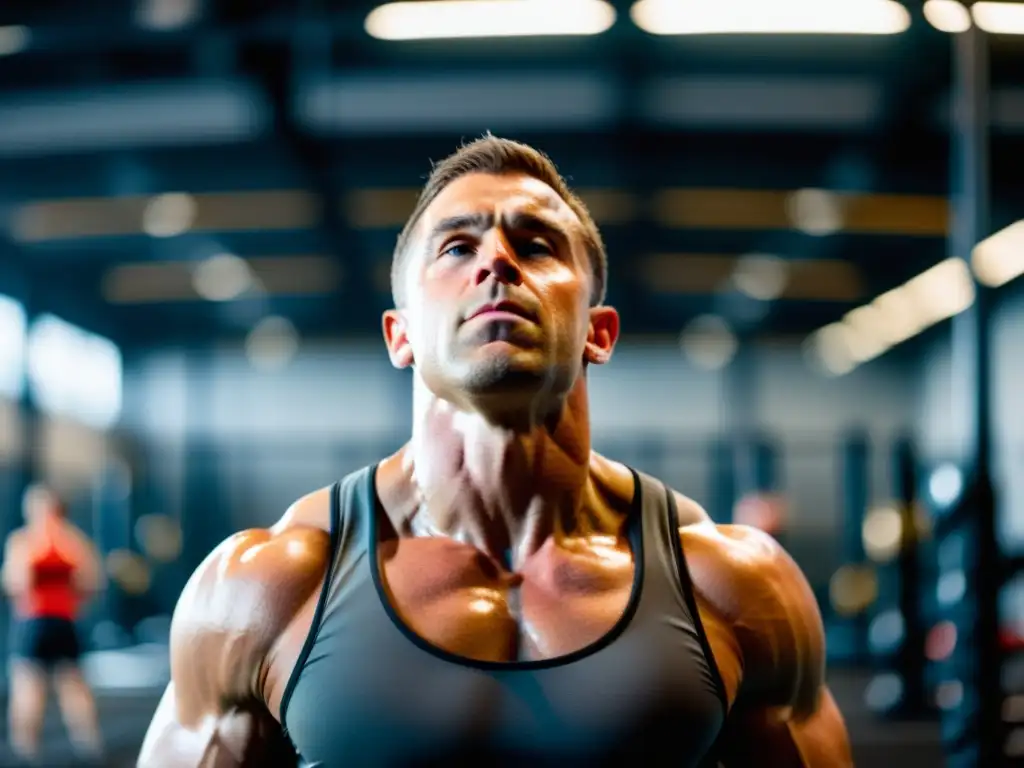 Un atleta de CrossFit realiza la técnica de recuperación respiratoria, con músculos definidos y un ambiente de gimnasio dinámico