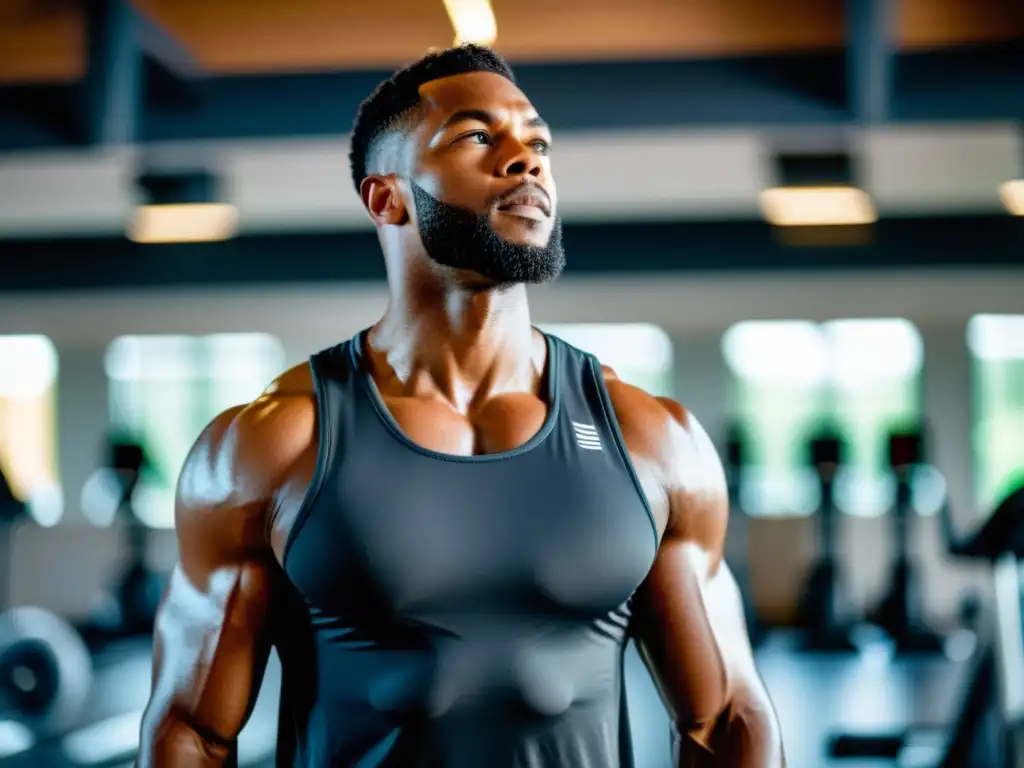 Un atleta practica respiración diafragmática en un gimnasio moderno, irradiando determinación y disciplina