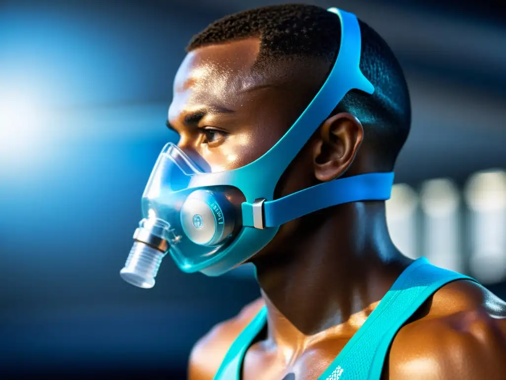 Un atleta usando dispositivo para respiración asistida deporte, con diseño futurista y condensación visible, fusionando ciencia médica y rendimiento atlético