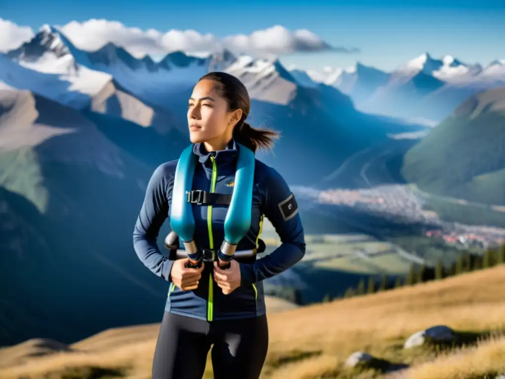 Un atleta haciendo ejercicios de respiración con equipo de entrenamiento de altura, ante un paisaje de montañas