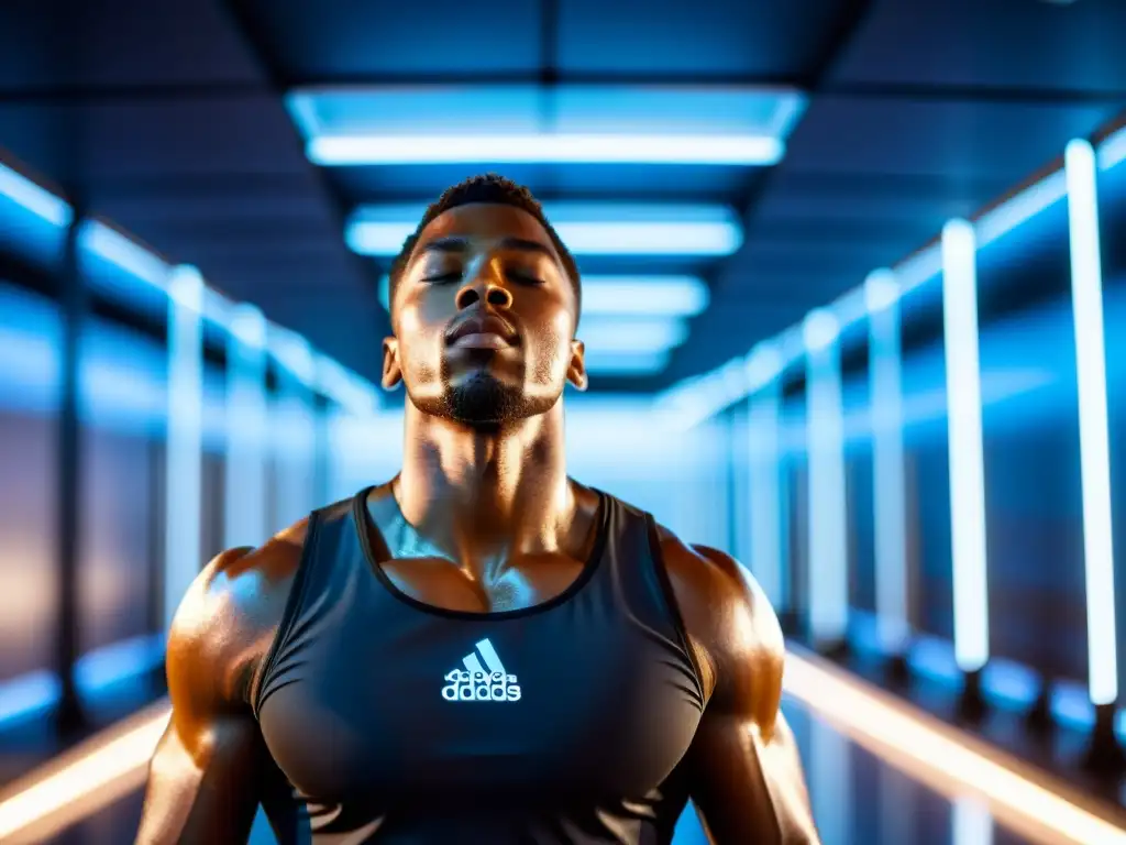 Un atleta de élite se concentra en avanzados programas de respiración en un moderno centro de entrenamiento