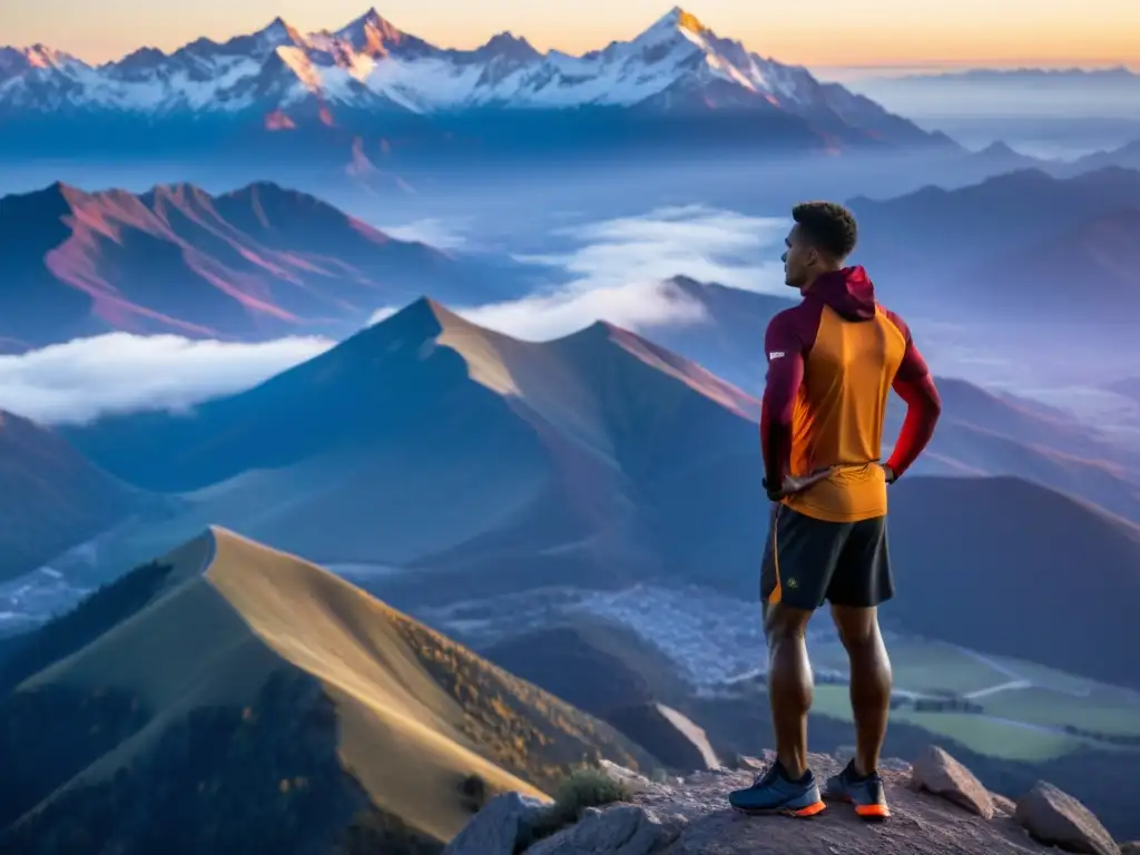 Un atleta de élite en la cima de una montaña al amanecer, respirando profundamente