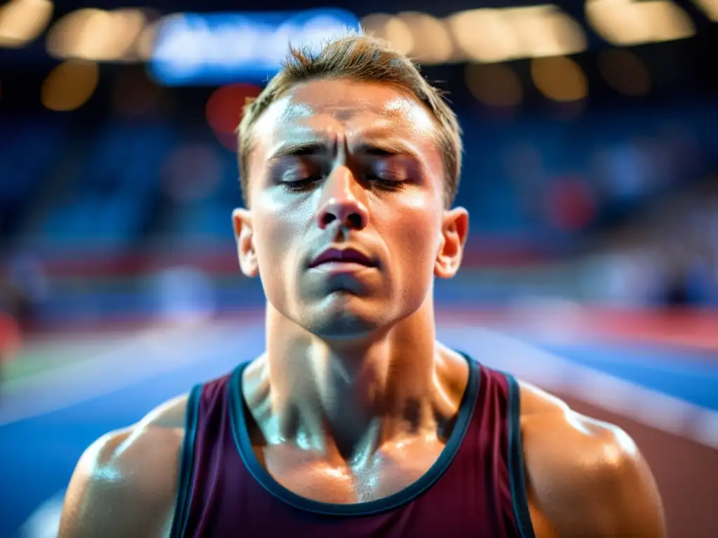 Un atleta enfocado realiza ejercicios de respiración, con sudor en la frente y músculos tensos, en un vibrante estadio