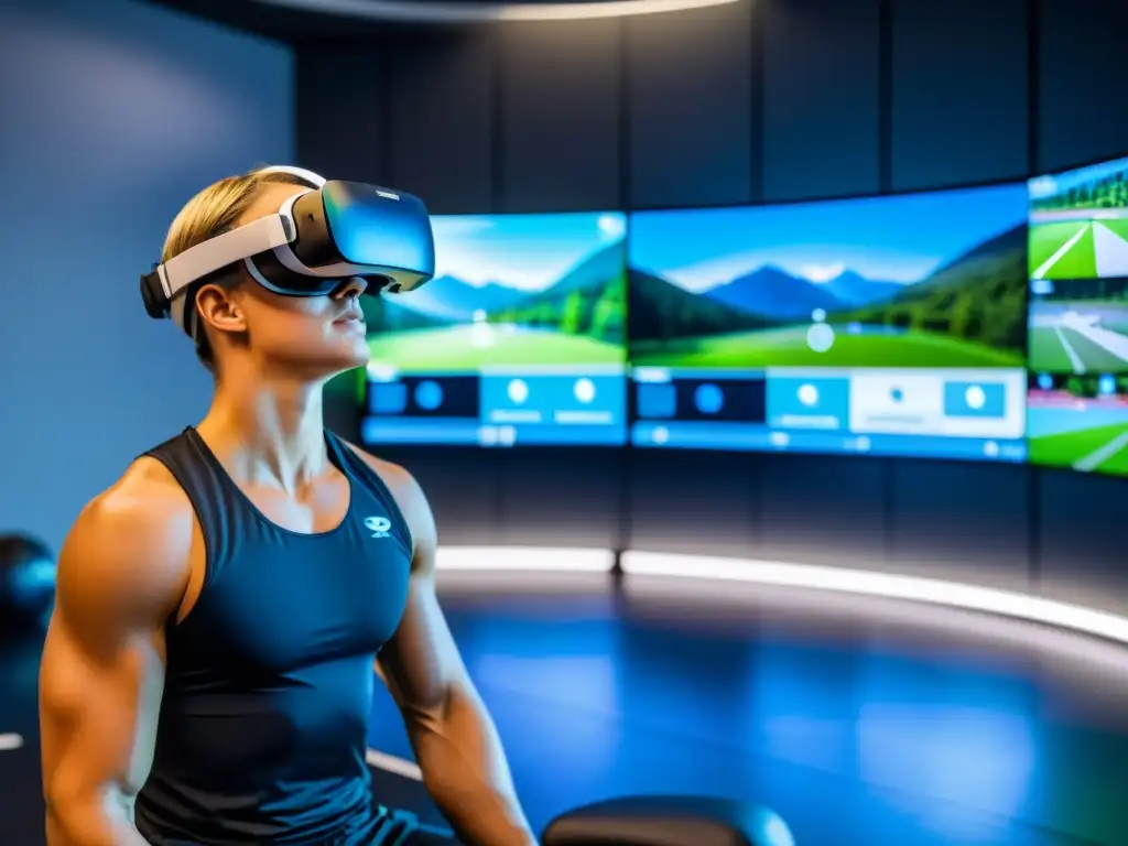 Un atleta en entrenamiento respiración en realidad virtual, concentrado y relajado en un entorno de alta tecnología futurista