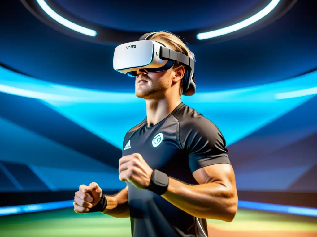 Un atleta realiza entrenamiento respiratorio deportivo en un ambiente de realidad virtual futurista y energético