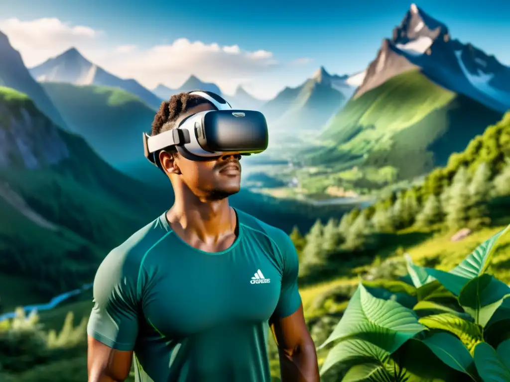 Un atleta en entrenamiento respiratorio con realidad virtual en un paisaje montañoso, detallado y sereno