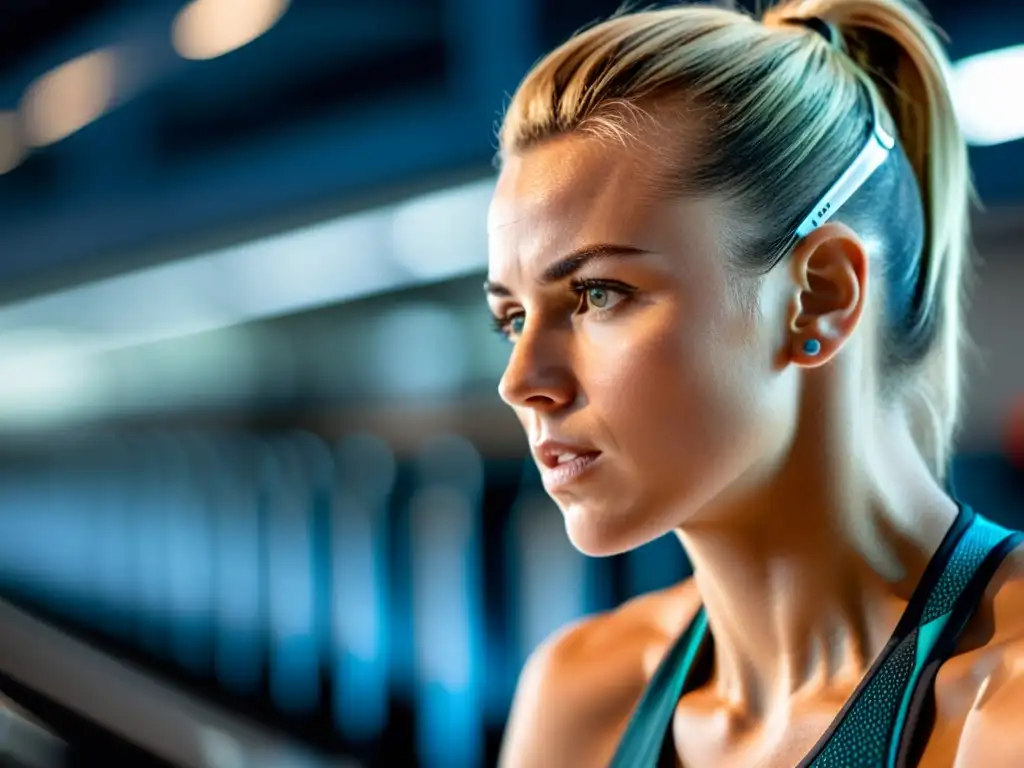 Un atleta se entrena intensamente en un gimnasio moderno, utilizando un avanzado espirómetro para monitorear su capacidad pulmonar para entrenamiento efectivo