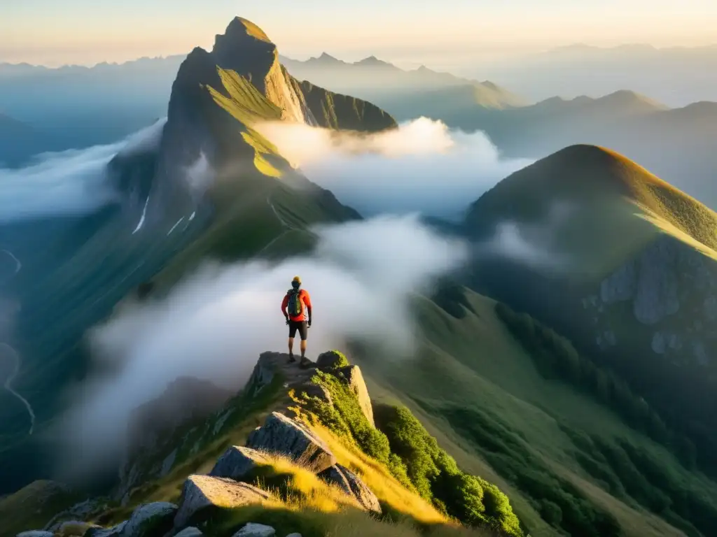 Un atleta contempla la majestuosa montaña entre la niebla