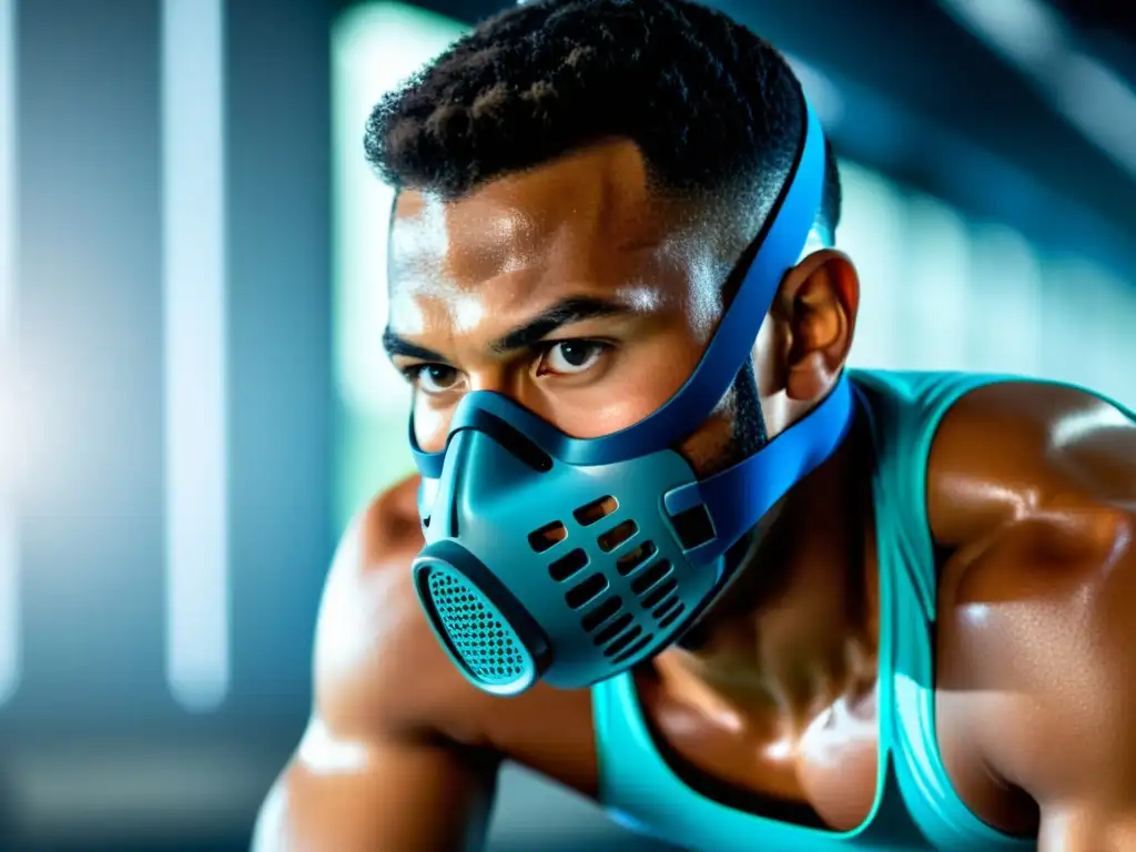 Un atleta se concentra usando una máscara de entrenamiento respiratorio de alta tecnología