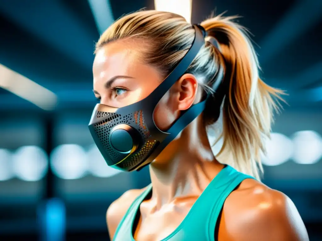 Un atleta usando una moderna máscara de respiración deportiva en un intenso entrenamiento cardio, en un gimnasio futurista