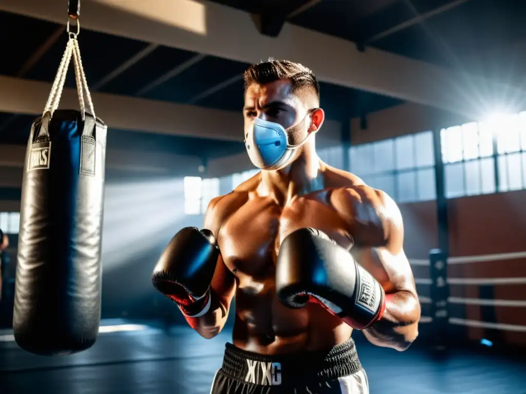 Un atleta musculoso con expresión concentrada, usando guantes de boxeo y una máscara respiratoria, está en un gimnasio iluminado por rayos de sol