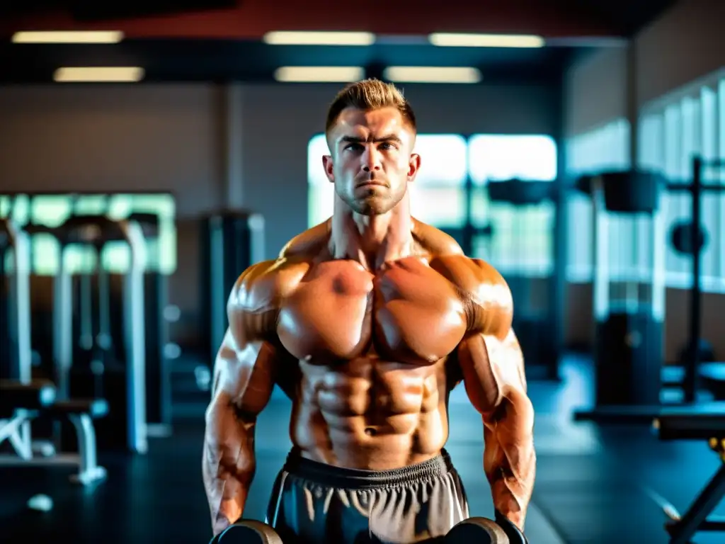 Un atleta musculoso en el gimnasio, respirando profundo antes de levantar pesas