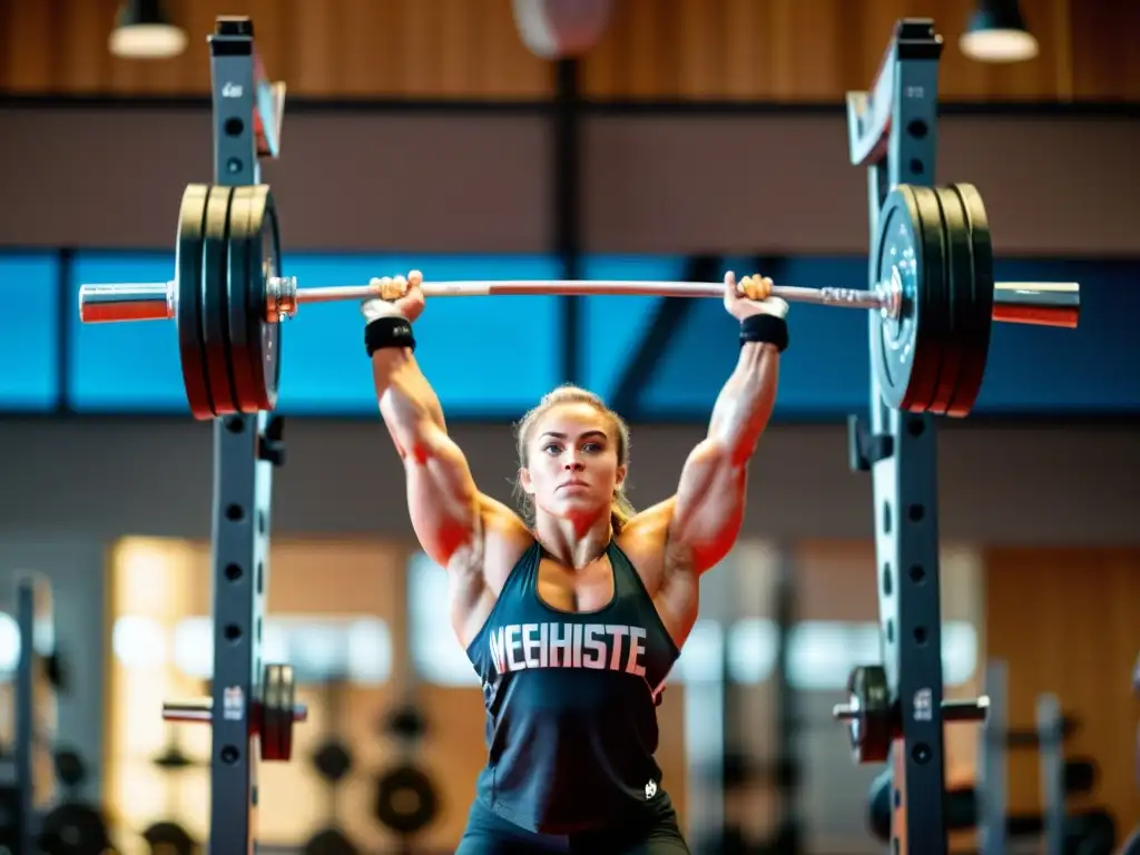 Un atleta levanta pesas en un gimnasio moderno y brillante, mostrando fuerza y determinación