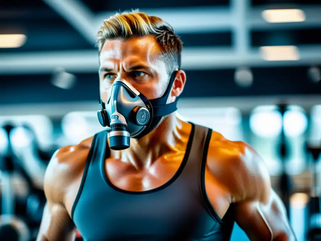 Un atleta profesional usando un aparato de respiración en un gimnasio moderno con equipo de vanguardia