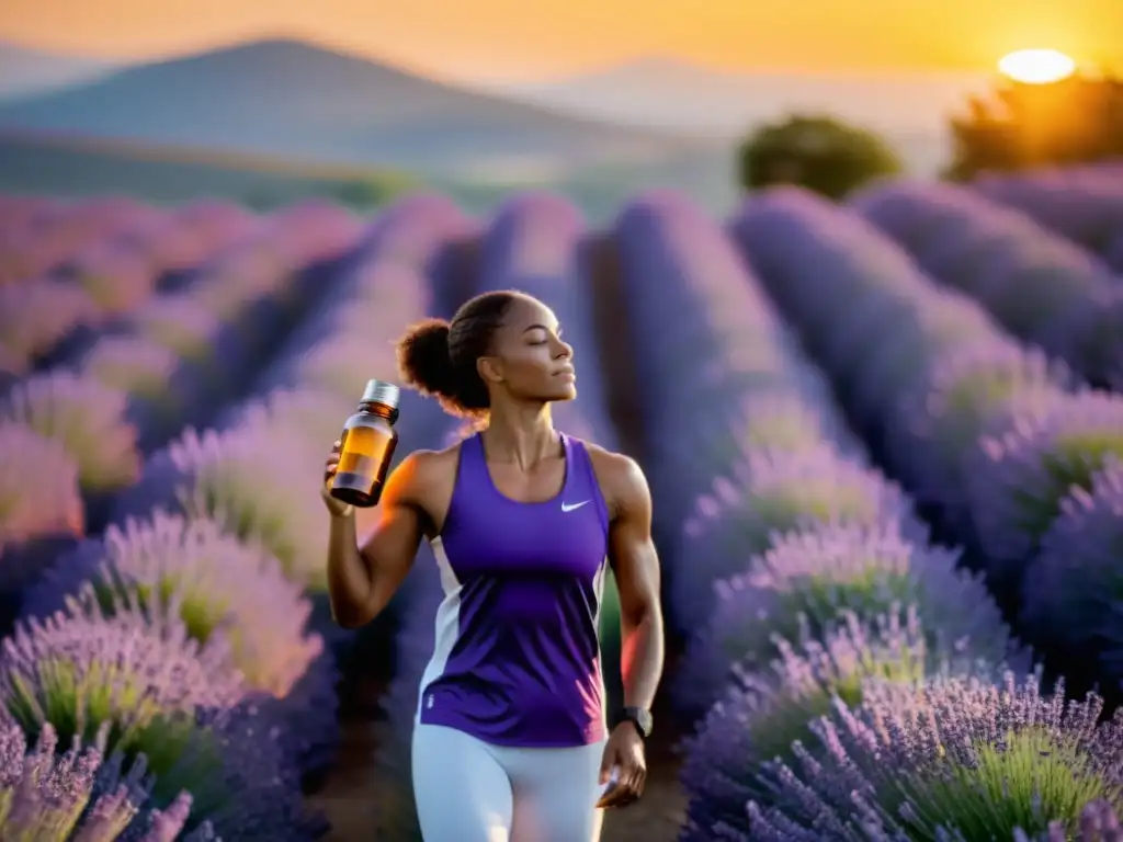 Un atleta profesional respira en un campo de lavanda al atardecer, sosteniendo un frasco de aceite esencial