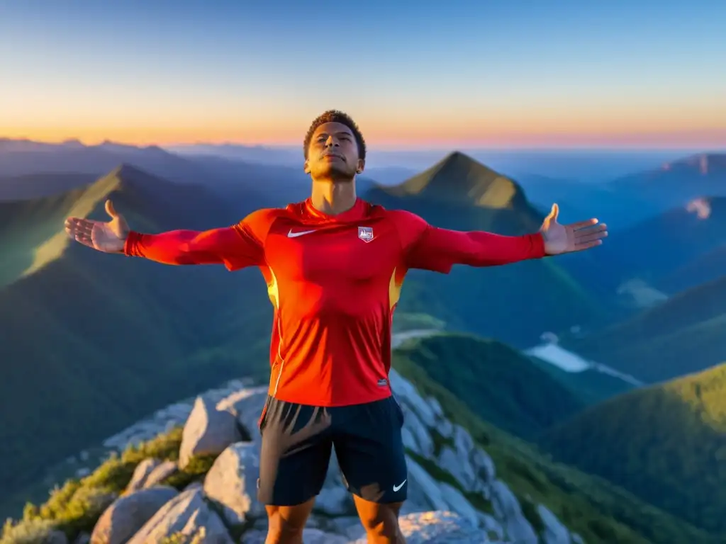 Un atleta profesional en la cima de la montaña respira profundamente al amanecer, transmitiendo determinación y fuerza